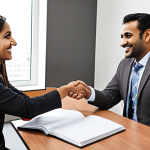**Image Prompt:** A financial advisor warmly shaking hands with a client in a modern office, both smiling. Open notebook on the desk between them, symbolizing a strong client relationship. Subtle Urdu design elements in the background.